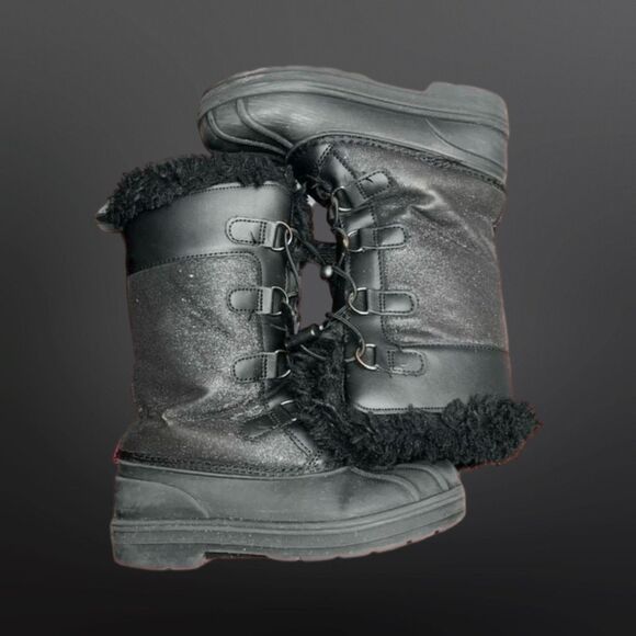 Cat & Jack Girls Constance Faux Fur Lace Up Winter Boots Black Glitter Size 2 - Picture 7 of 7